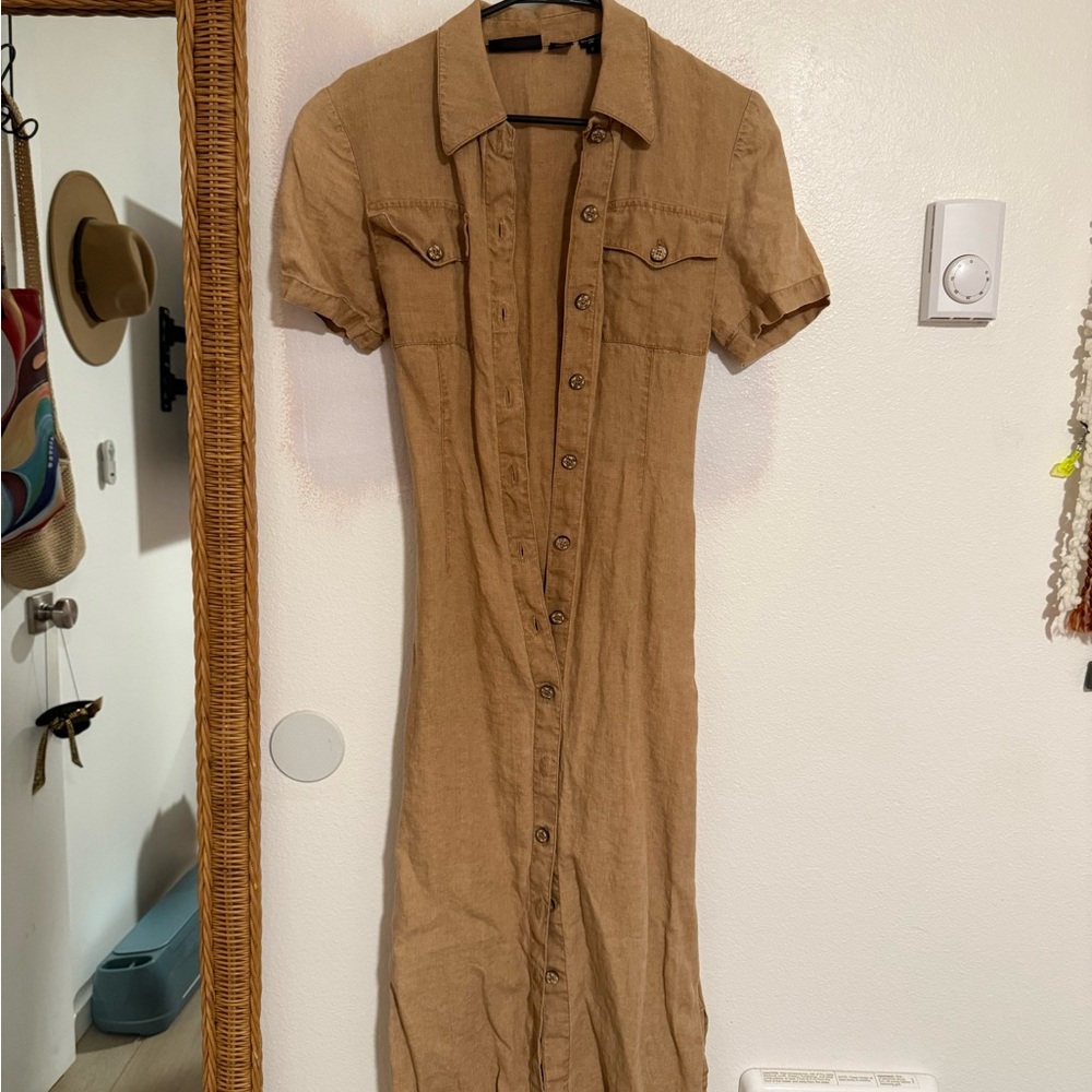 Liz Claiborne Tan Linen Midi Shirt Dress